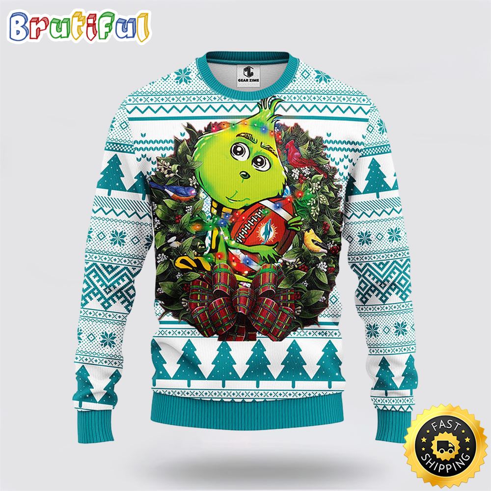 Sportswearmerch Miami Dolphins NFL Grinch Hug Ugly Christmas Sweater For Fan