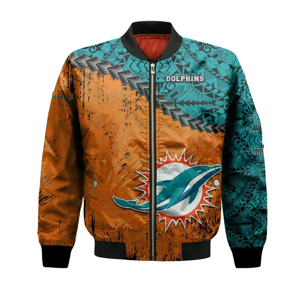 Sportswearmerch Miami Dolphins NFL Grunge Polynesian Tattoo Bomber Jacket For Fan