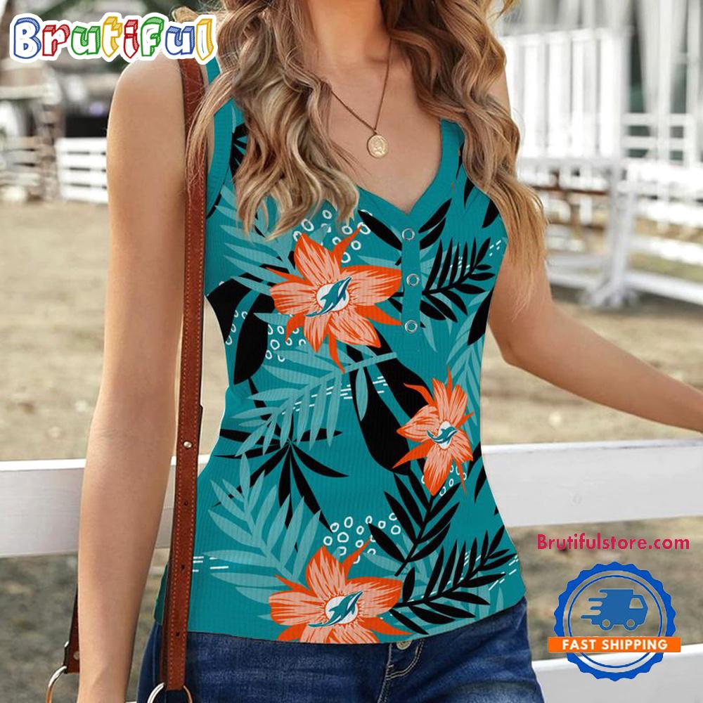 Sportswearmerch Miami Dolphins NFL Hibiscus Pattern Women's V-Neck Ribbed Tank Top For Fan