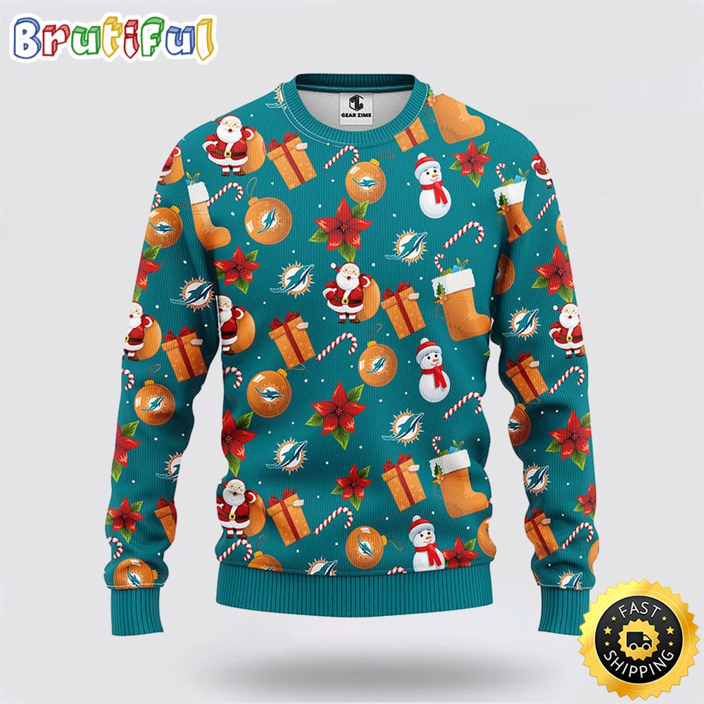 Sportswearmerch Miami Dolphins NFL Santa Claus Snowman Ugly Christmas Sweater For Fan
