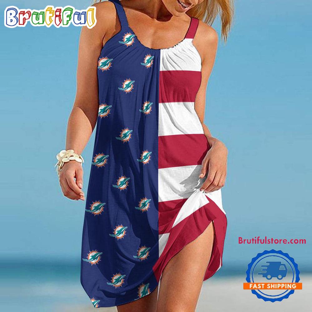 Sportswearmerch Miami Dolphins NFL USA Flag Design Women's Summer Beach Dress For Fan