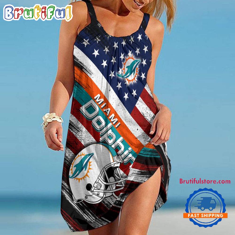 Sportswearmerch Miami Dolphins NFL USA Independence Day Women's Summer Beach Dress For Fan