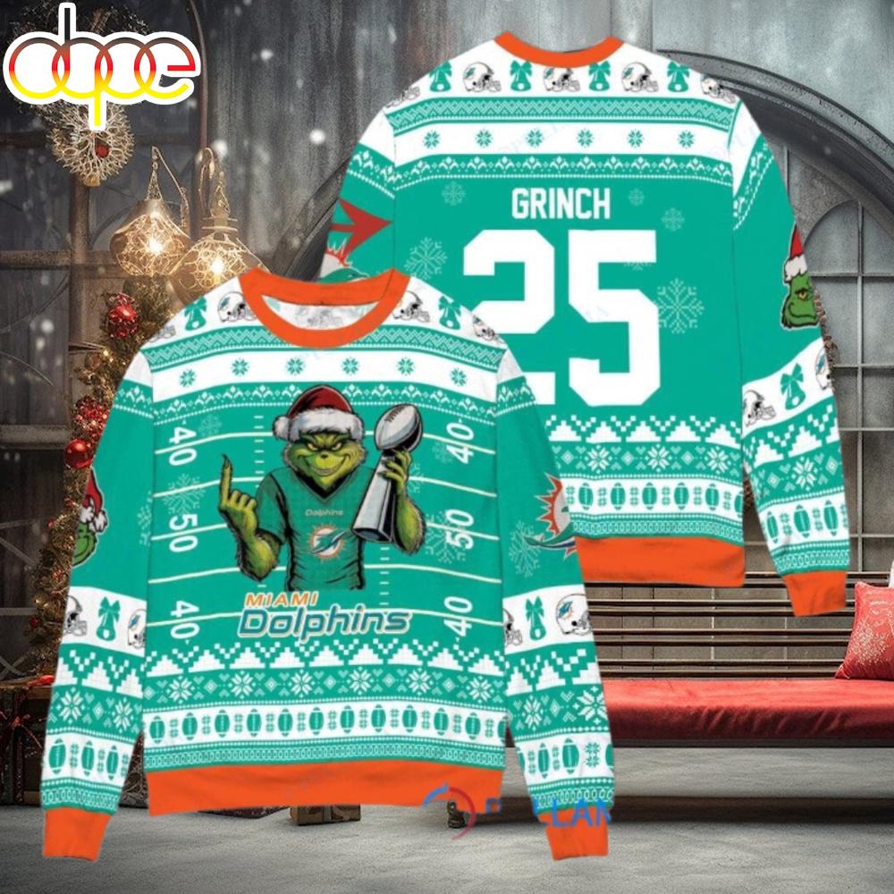 Sportswearmerch Miami Dolphins NFL x Grinch Super Bowl Trophy Ugly Christmas Sweater For Fan