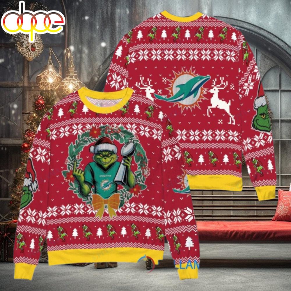 Sportswearmerch Miami Dolphins NFL x Grinch Super Bowl Trophy Ugly Christmas Sweater For Fan