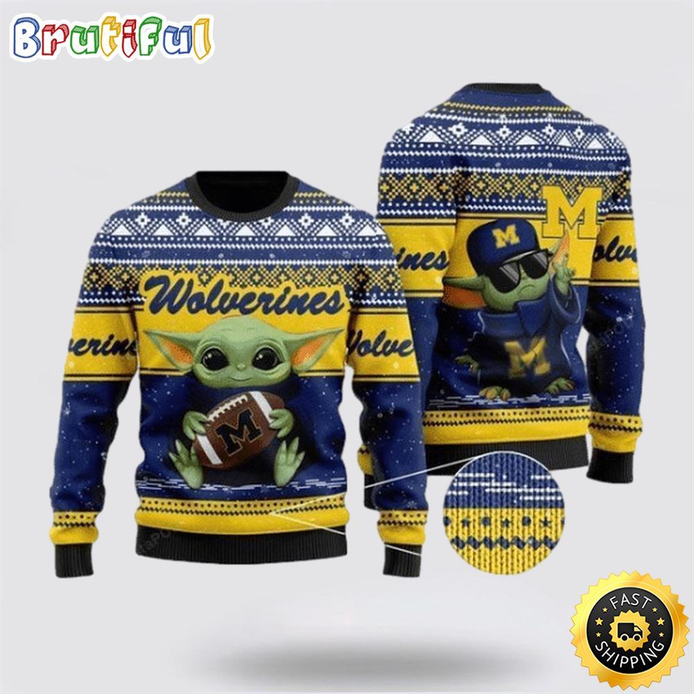 Sportswearmerch Michigan Wolverines NCAA Cute Baby Yoda Personalized Christmas Sweater For Fan