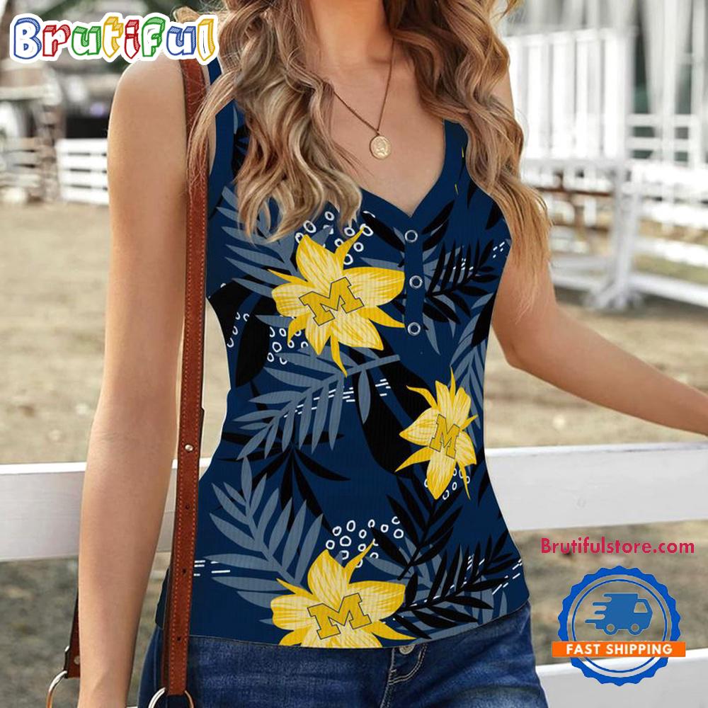 Sportswearmerch Michigan Wolverines NCAA Hibiscus Pattern Women's V-Neck Ribbed Tank Top For Fan
