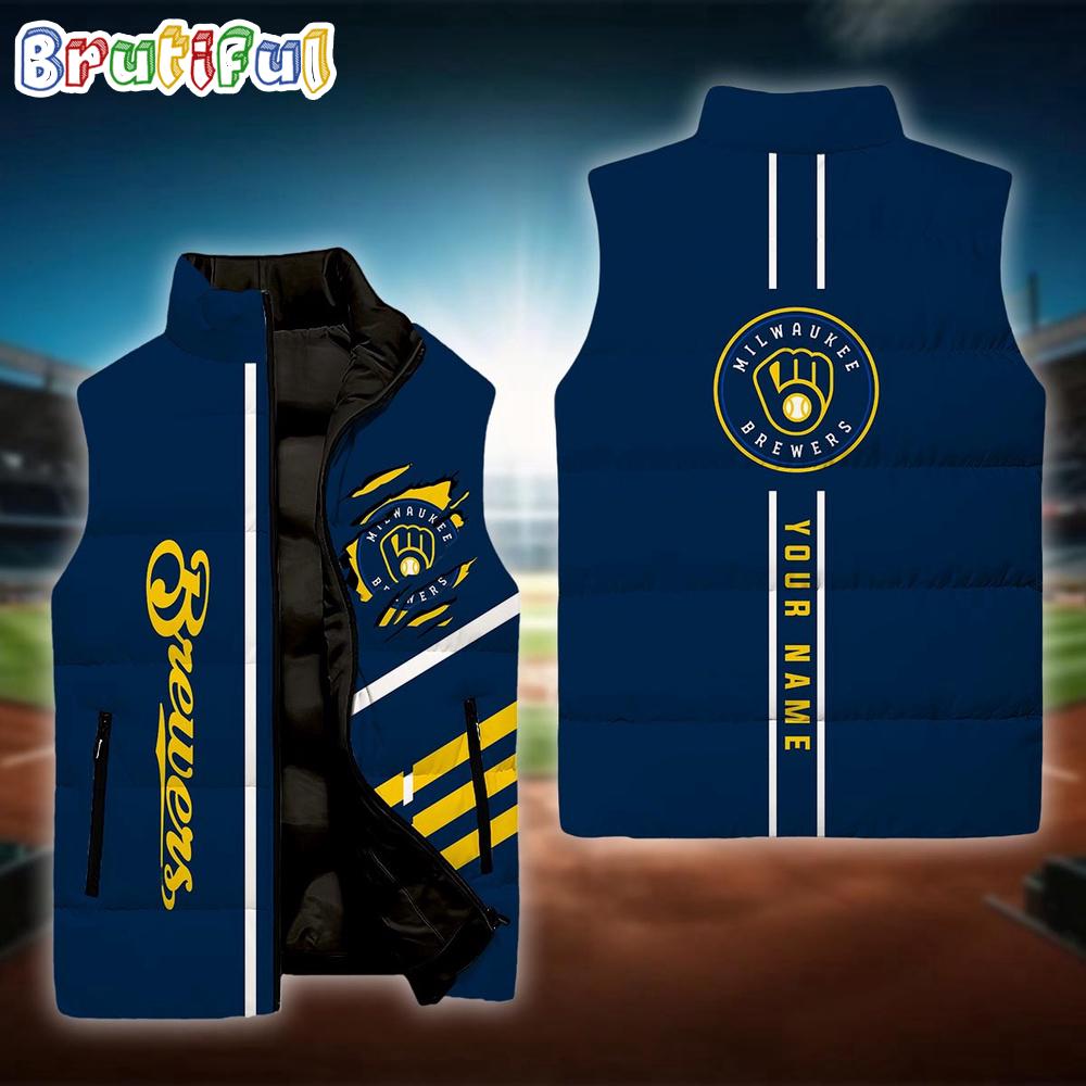 Sportswearmerch Milwaukee Brewers MLB Personalized Sleeveless Down Puffer Jacket For Fan