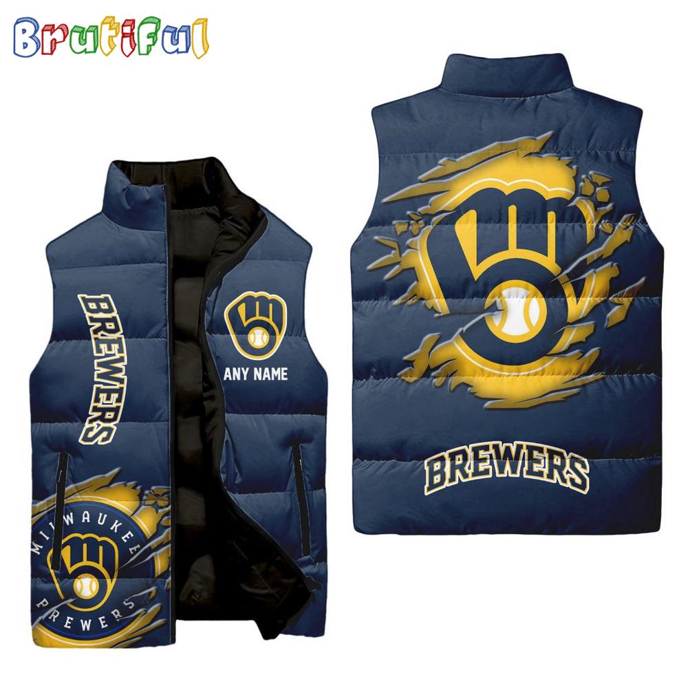 Sportswearmerch Milwaukee Brewers MLB Personalized Sleeveless Puffer Jacket For Fan
