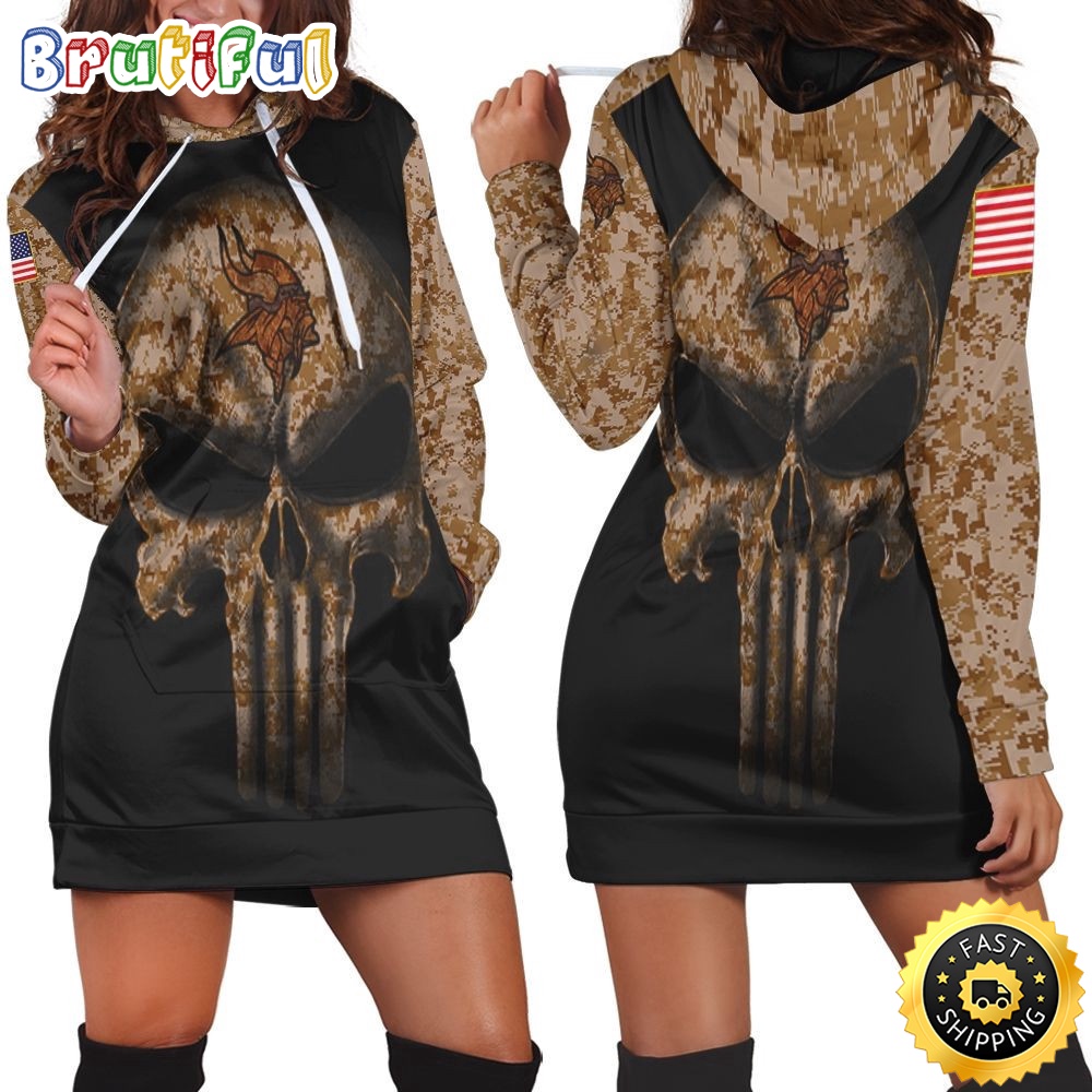 Sportswearmerch Minnesota Vikings NFL American Flag Camouflage Skull Hoodie Dress For Fan