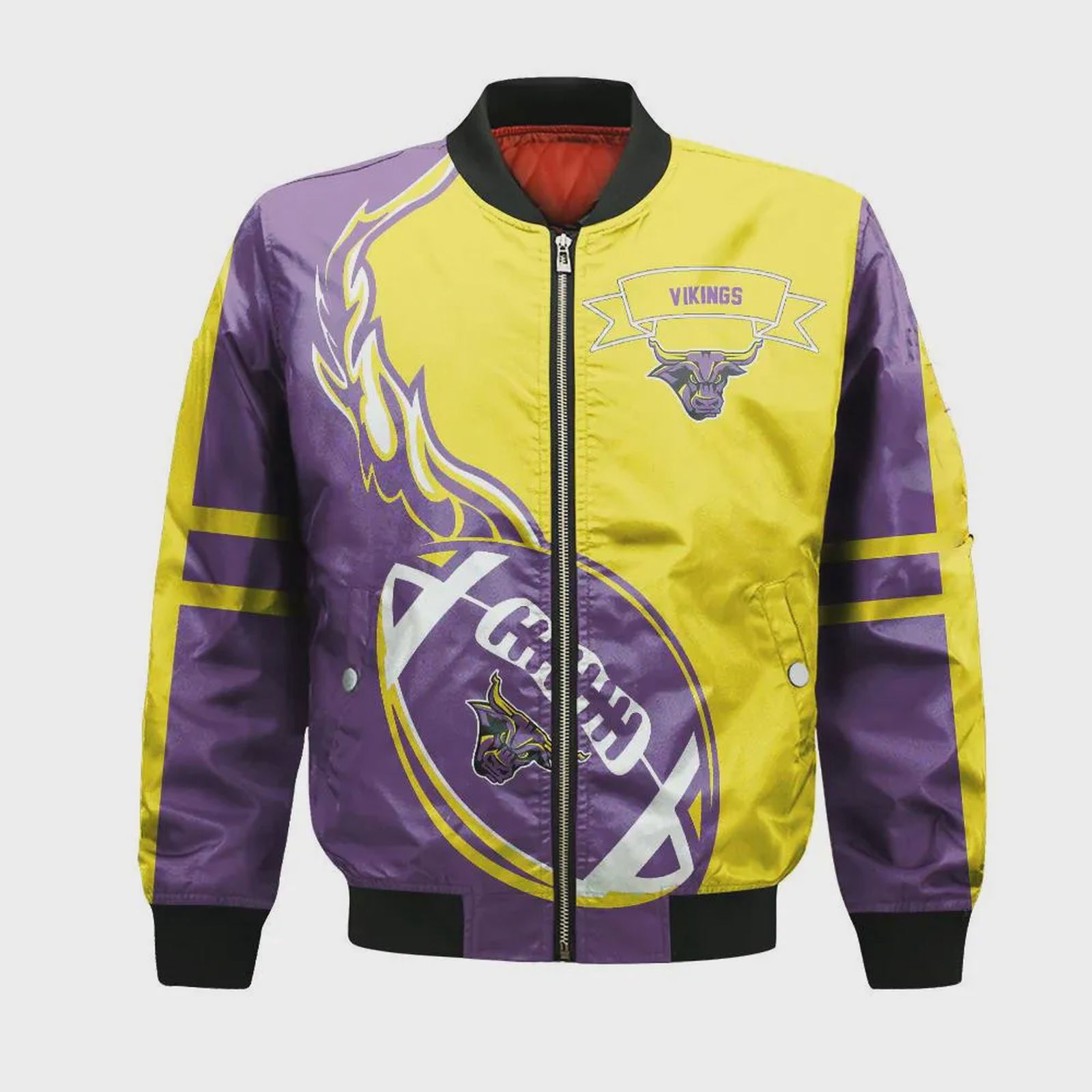 Sportswearmerch Minnesota Vikings NFL Bomber Jacket Flame Ball Pattern For Fan