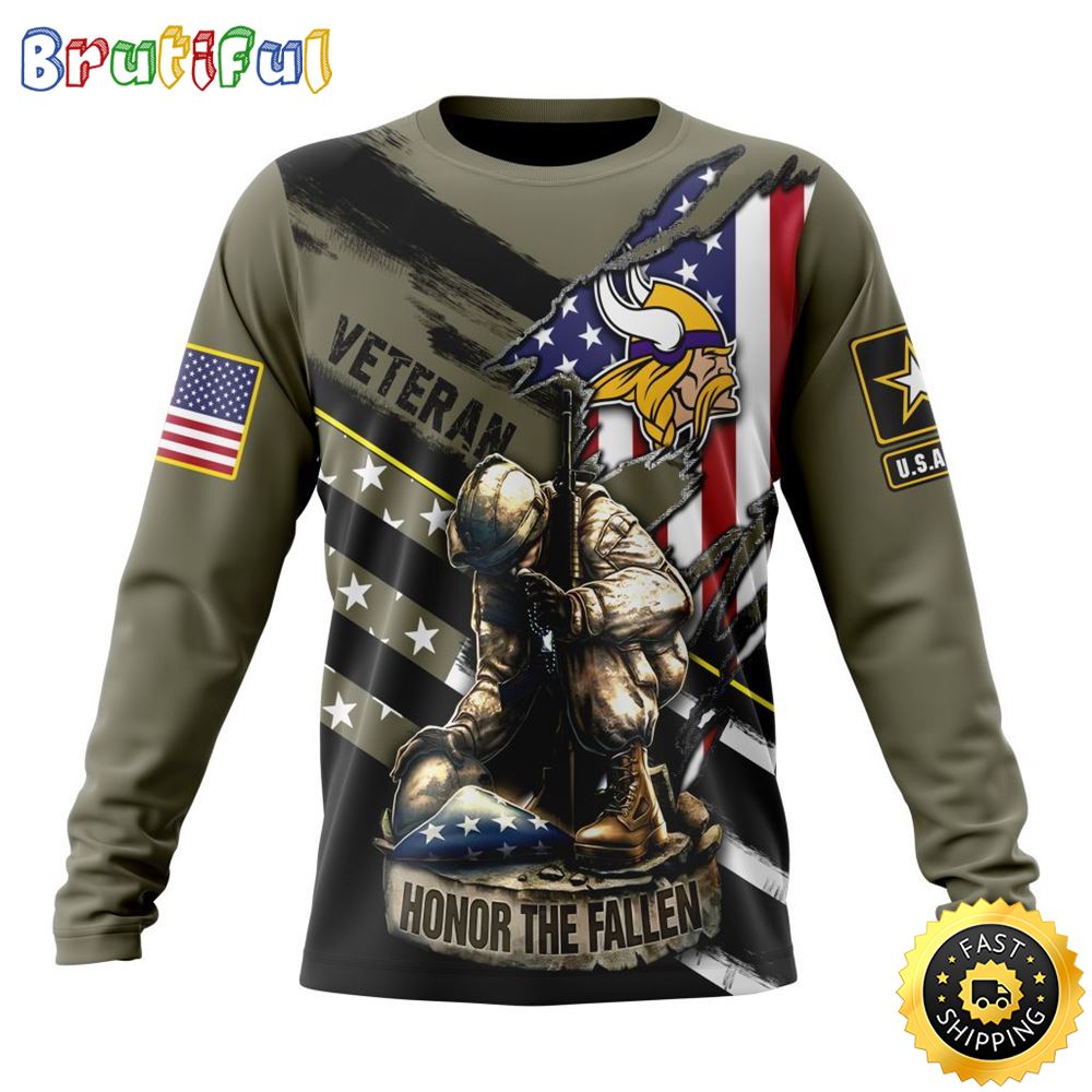 Sportswearmerch Minnesota Vikings NFL Crewneck Honor Veterans Kneeling Soldier Personalized Sweater For Fan