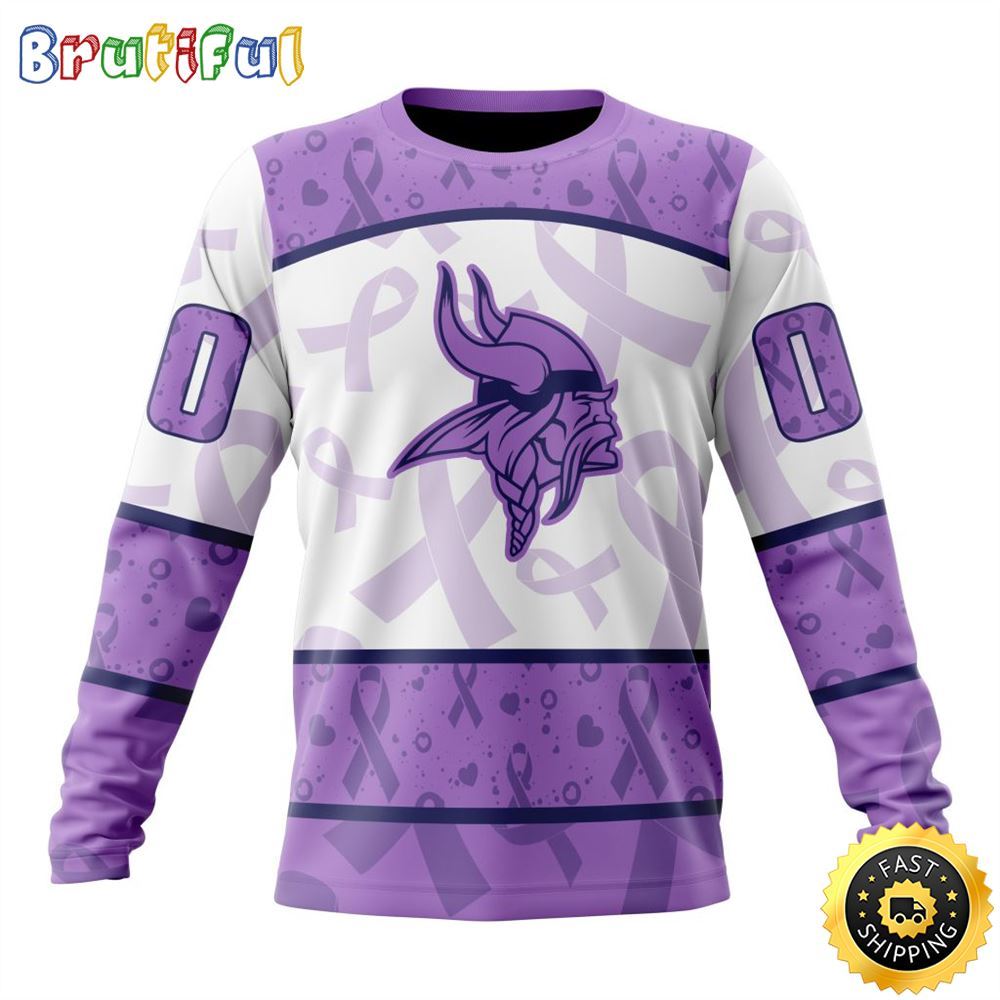Sportswearmerch Minnesota Vikings NFL Crewneck Lavender Fights Cancer Personalized Sweater For Fan
