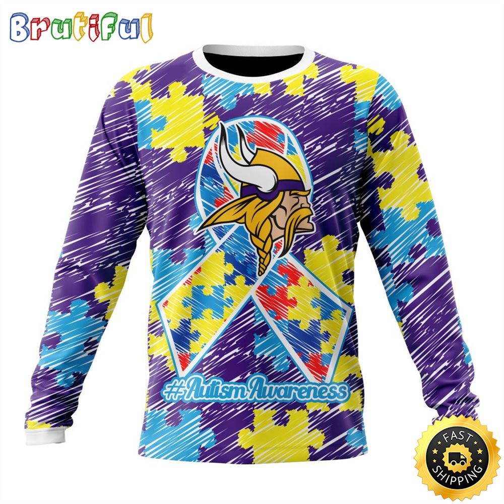 Sportswearmerch Minnesota Vikings NFL Crewneck Puzzle Autism Awareness Personalized Sweater For Fan
