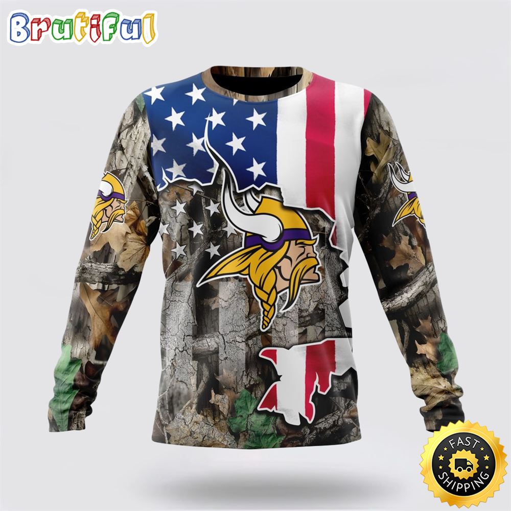 Sportswearmerch Minnesota Vikings NFL Crewneck USA Flag Camo Realtree Hunting Personalized Sweater For Fan