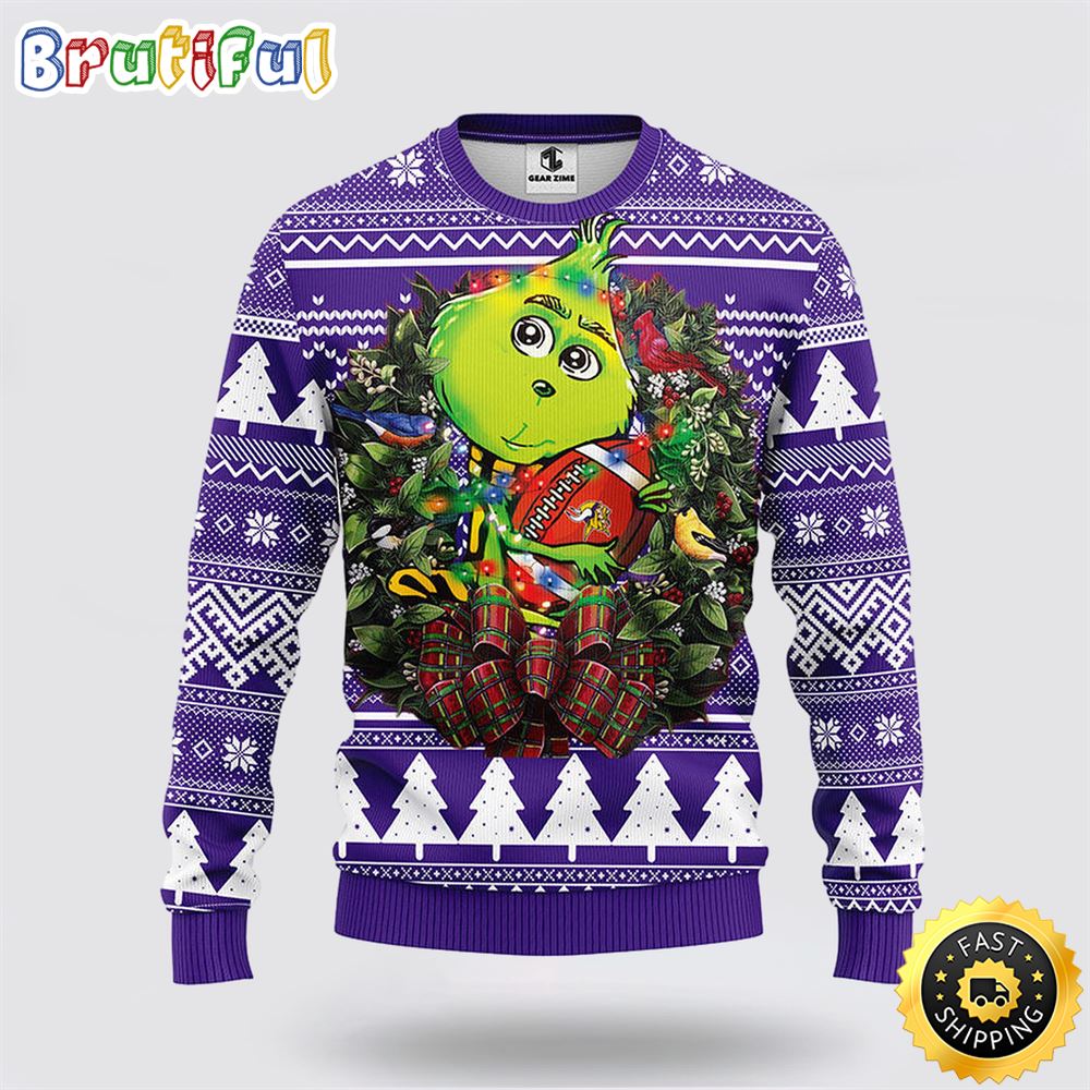 Sportswearmerch Minnesota Vikings NFL Grinch Hug Ugly Christmas Sweater For Fan