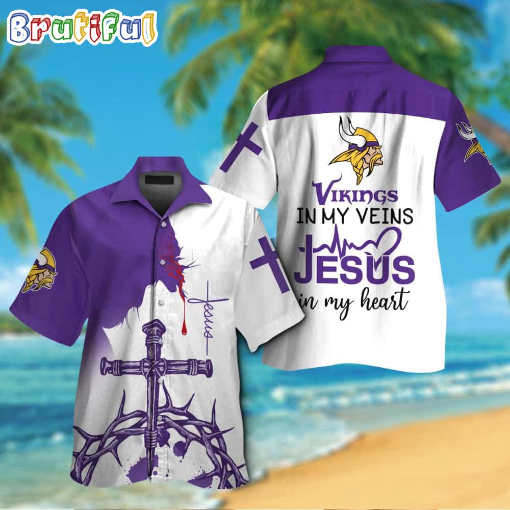 Sportswearmerch Minnesota Vikings NFL In My Veins Jesus Personalized Hawaiian Shirt For Fan