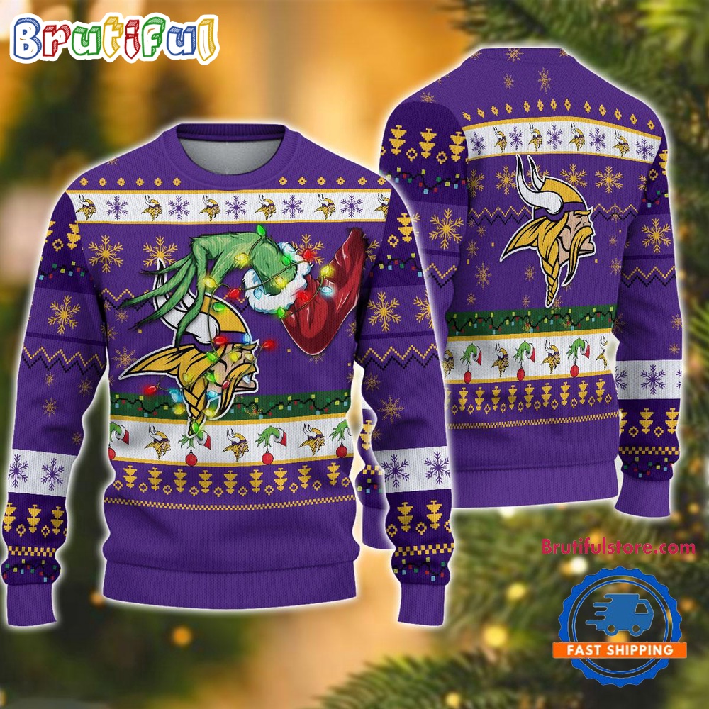 Sportswearmerch Minnesota Vikings NFL Special Grinch's Hand Football Christmas Sweater For Fan