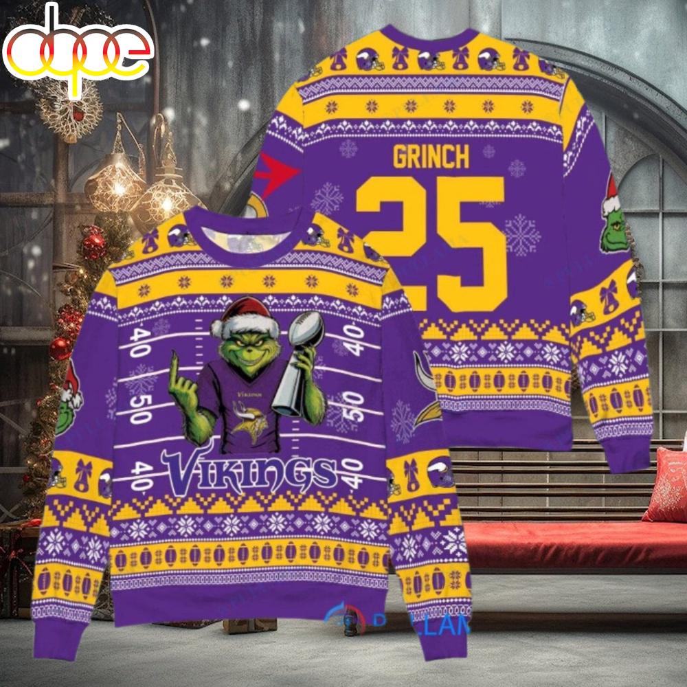 Sportswearmerch Minnesota Vikings NFL x Grinch Super Bowl Trophy Ugly Christmas Sweater For Fan