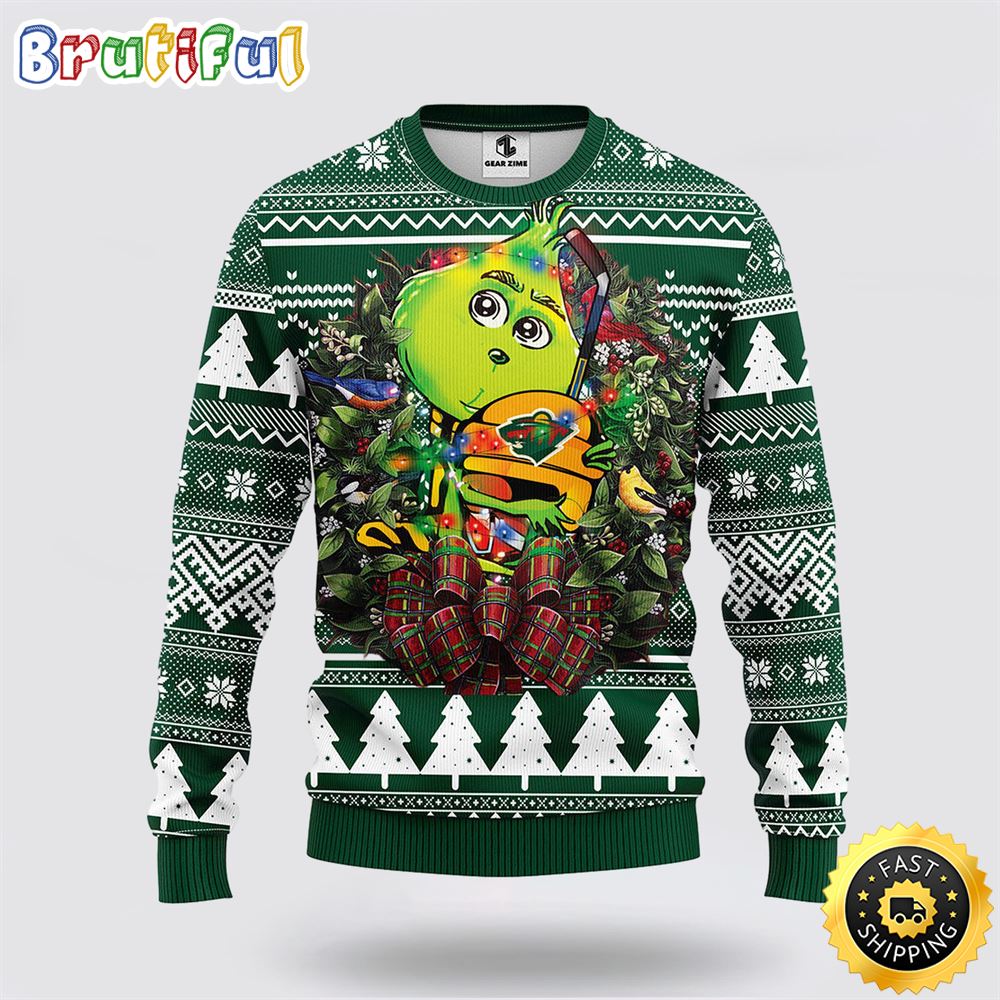 Sportswearmerch Minnesota Wild NHL Grinch Hug Ugly Christmas Sweater For Fan