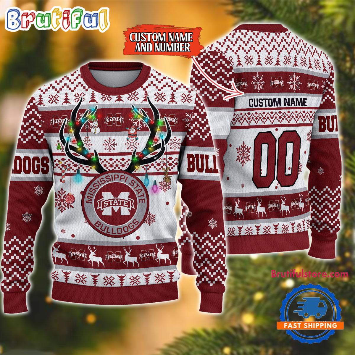 Sportswearmerch Mississippi State Bulldogs NCAA Special Reindeer Light Personalized Christmas Sweater For Fan