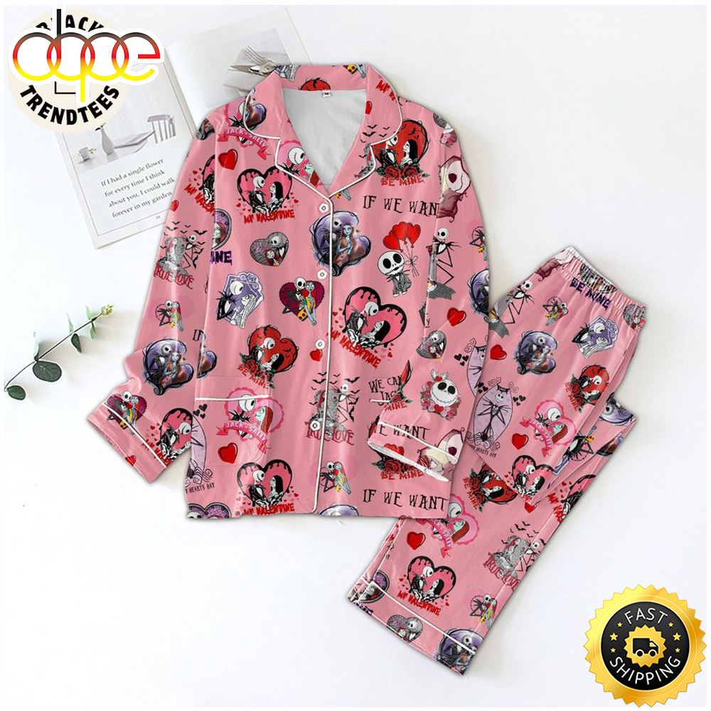 Sportswearmerch My Valentine Be Mine If We Want Jack And Sally Pink Design Christmas Personalized Pajamas For Fan
