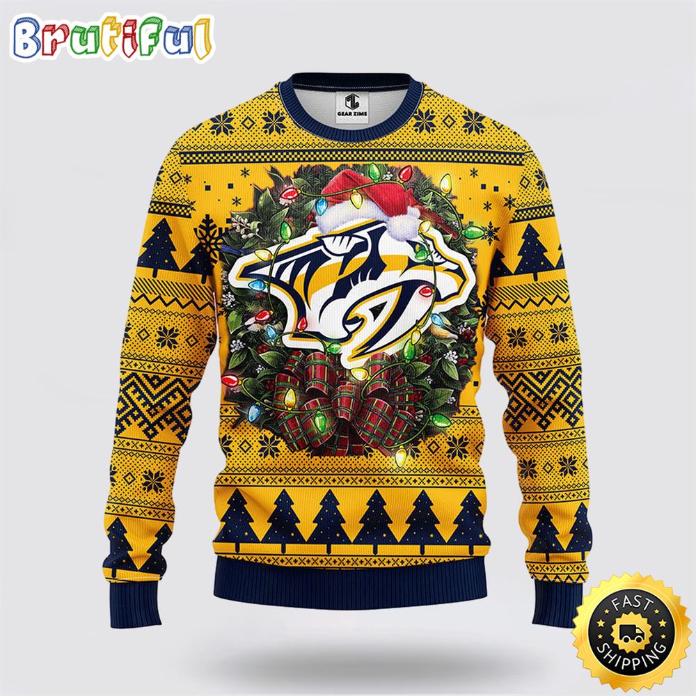 Sportswearmerch Nashville Predators NHL Christmas Wreath Ugly Sweater For Fan