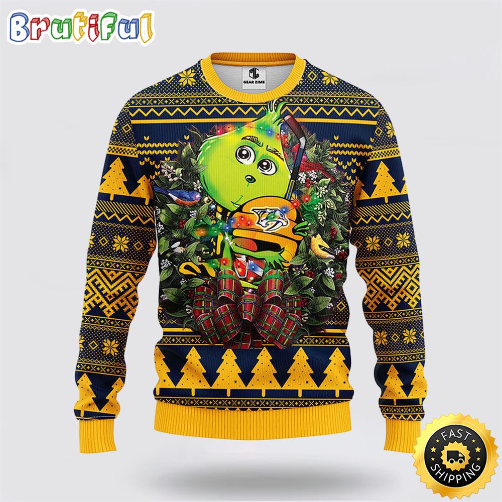 Sportswearmerch Nashville Predators NHL Grinch Hug Ugly Christmas Sweater For Fan