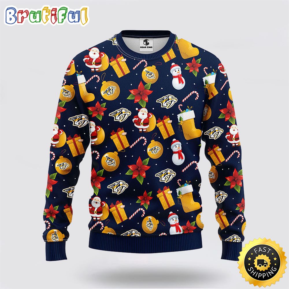 Sportswearmerch Nashville Predators NHL Santa Claus Snowman Ugly Christmas Sweater For Fan