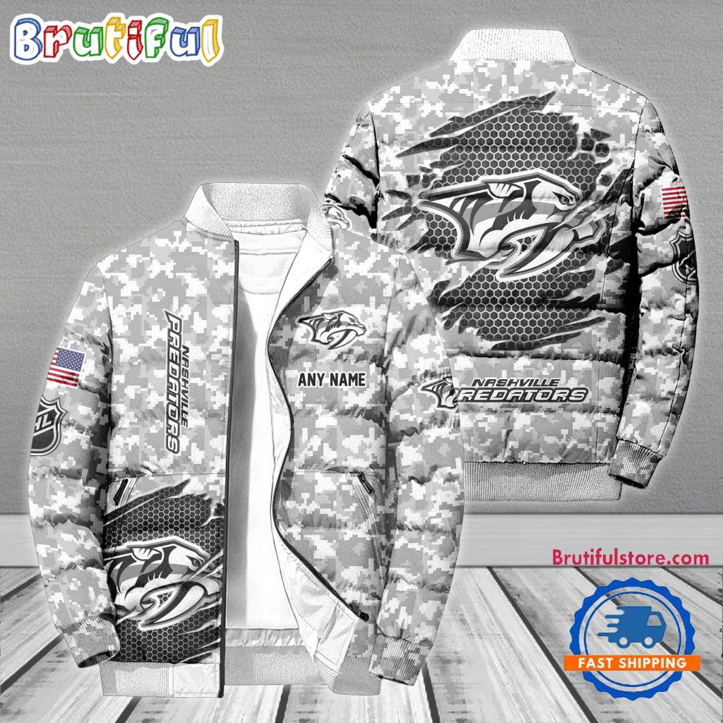 Sportswearmerch Nashville Predators NHL Special Camo Honor Veterans Puffer Jacket For Fan