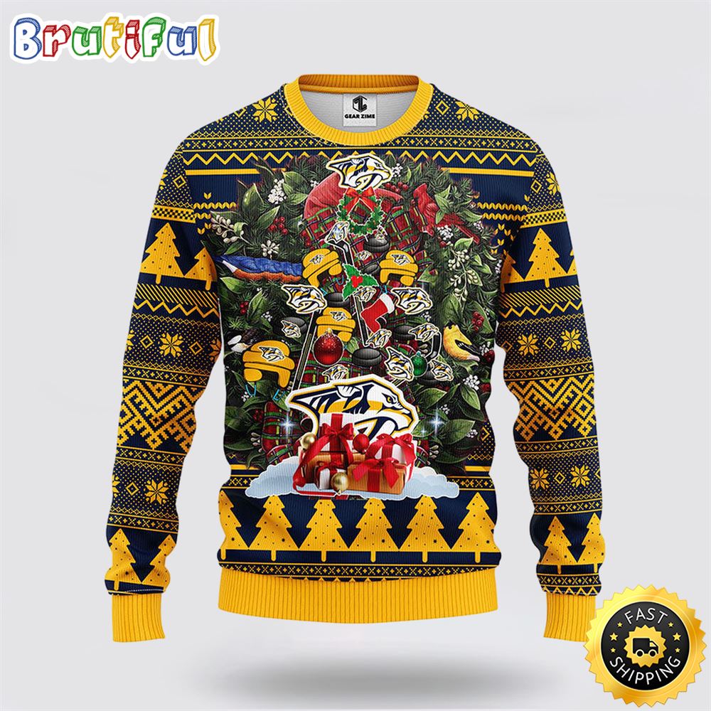 Sportswearmerch Nashville Predators NHL Tree Ugly Christmas Fleece Sweater For Fan