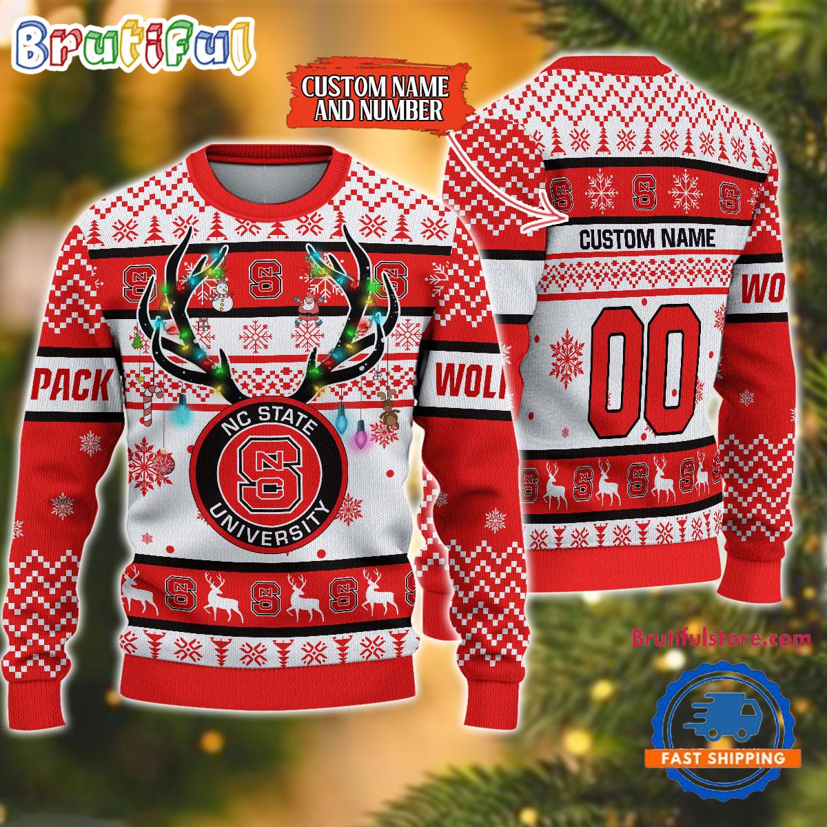 Sportswearmerch NC State Wolfpack NCAA Special Reindeer Light Personalized Christmas Sweater For Fan
