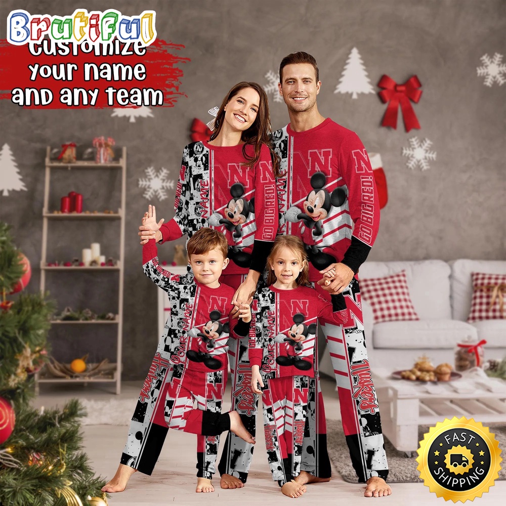 Sportswearmerch Nebraska Cornhuskers NCAA Mickey Mouse Personalized Pajamas Family For Fan