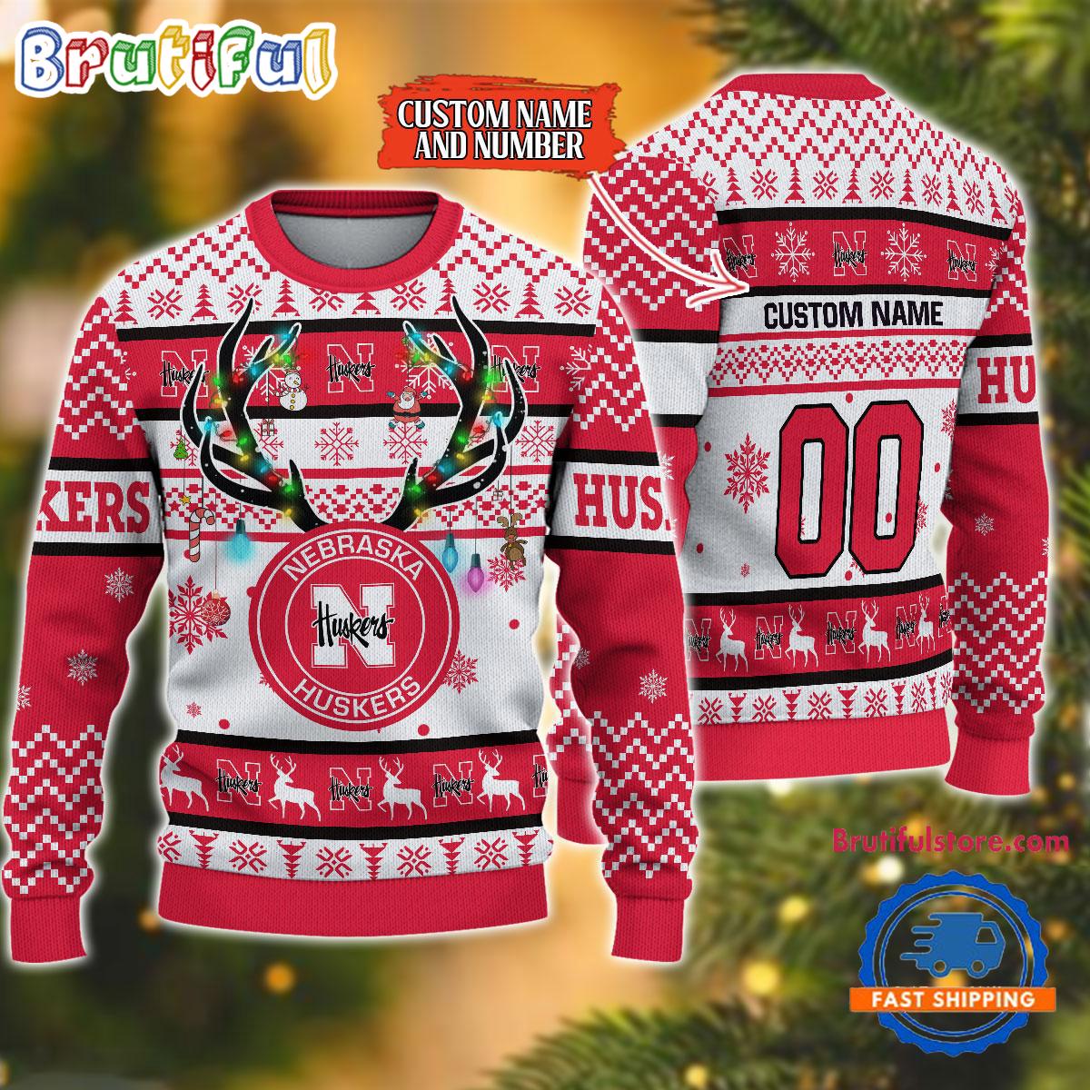 Sportswearmerch Nebraska Cornhuskers NCAA Special Reindeer Light Personalized Christmas Sweater For Fan