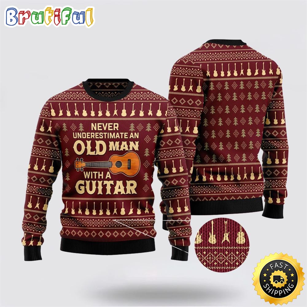 Sportswearmerch Never Underestimate An Old Man With A Guitar Personalized Christmas Sweater For Fan