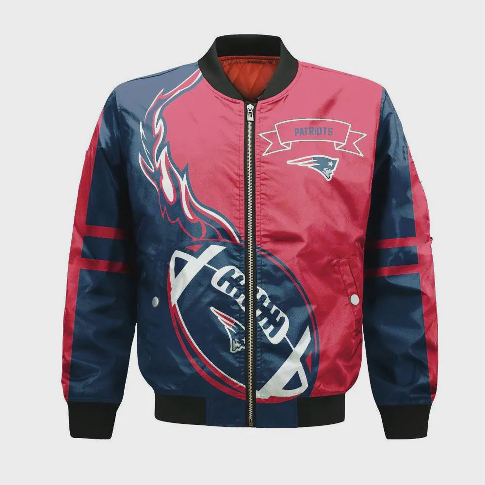 Sportswearmerch New England Patriots NFL Bomber Jacket Flame Ball Pattern For Fan