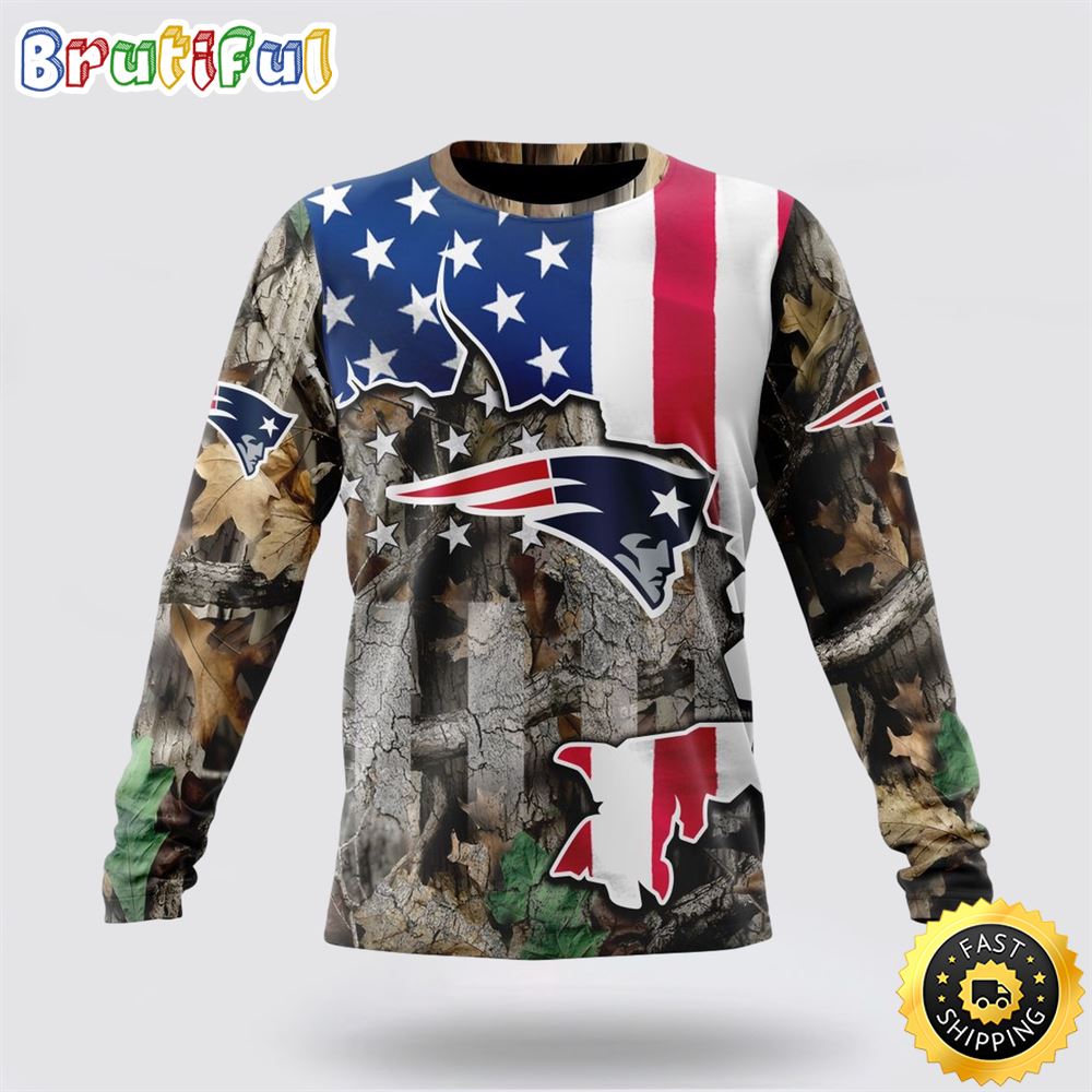 Sportswearmerch New England Patriots NFL Crewneck USA Flag Camo Realtree Hunting Personalized Sweater For Fan