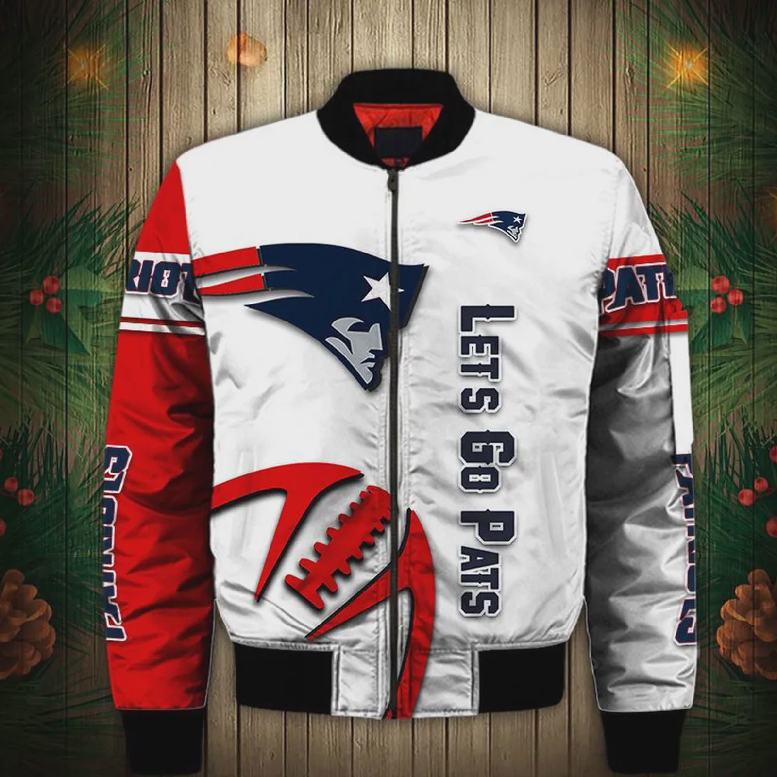 Sportswearmerch New England Patriots NFL Graphic Ball Pattern Bomber Jacket For Fan