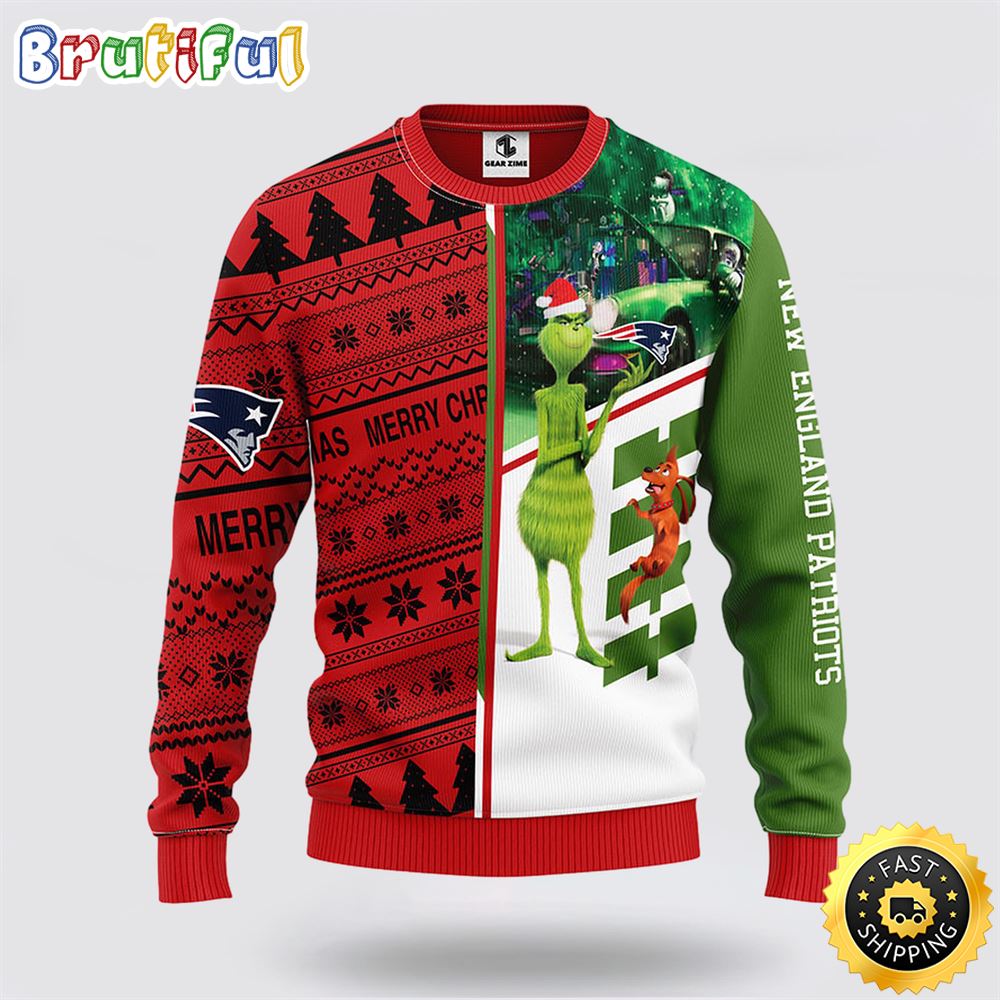 Sportswearmerch New England Patriots NFL Grinch & Scooby-Doo Ugly Christmas Sweater For Fan