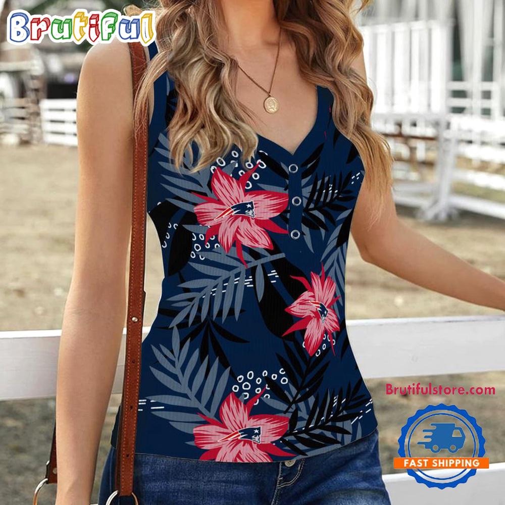 Sportswearmerch New England Patriots NFL Hibiscus Pattern Women's V-Neck Ribbed Tank Top For Fan