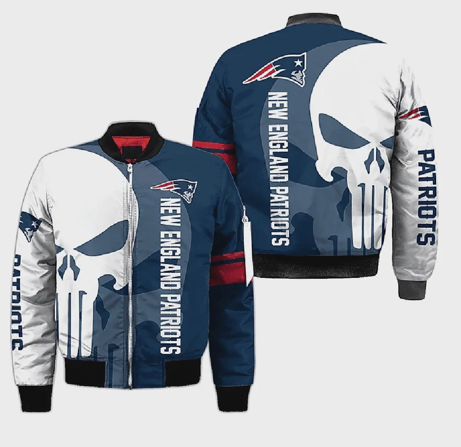 Sportswearmerch New England Patriots NFL Text Skull Pattern Bomber Jacket For Fan