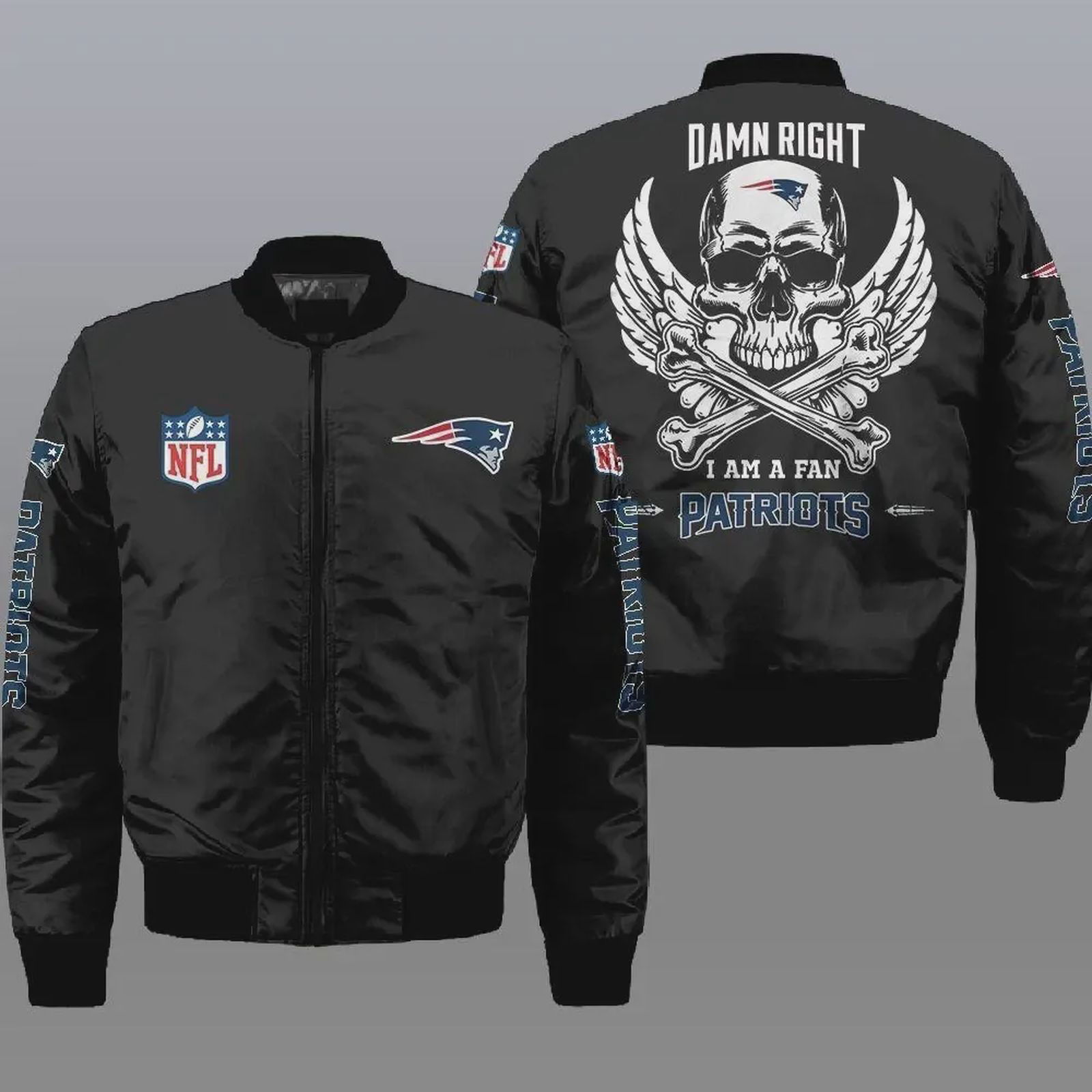 Sportswearmerch New England Patriots NFL Wings Skull Pattern Bomber Jacket For Fan