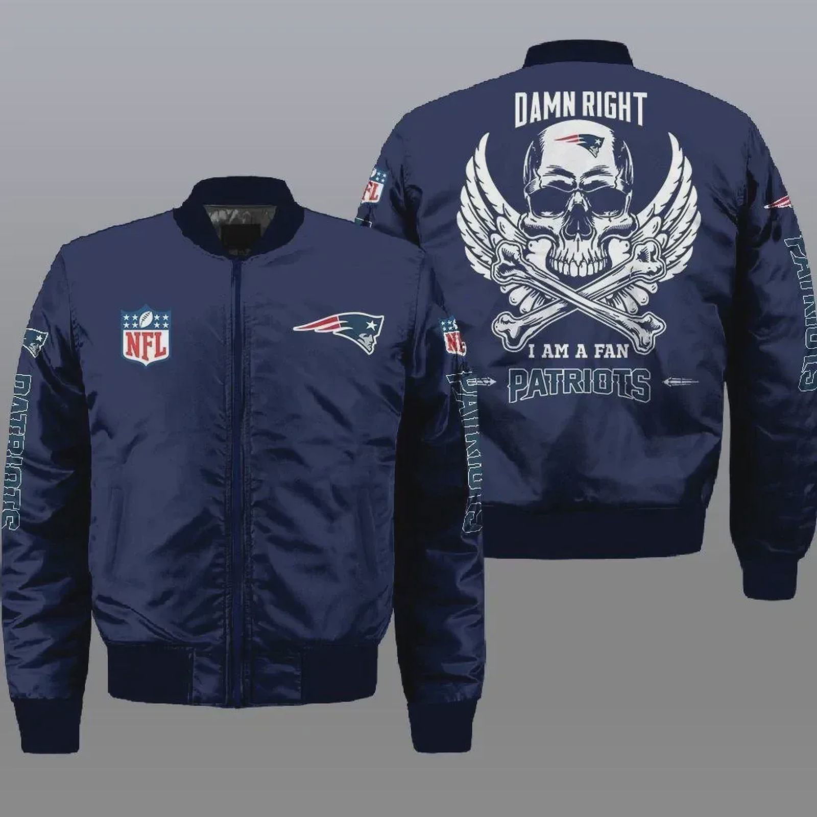 Sportswearmerch New England Patriots NFL Wings Skull Pattern Bomber Jacket For Fan
