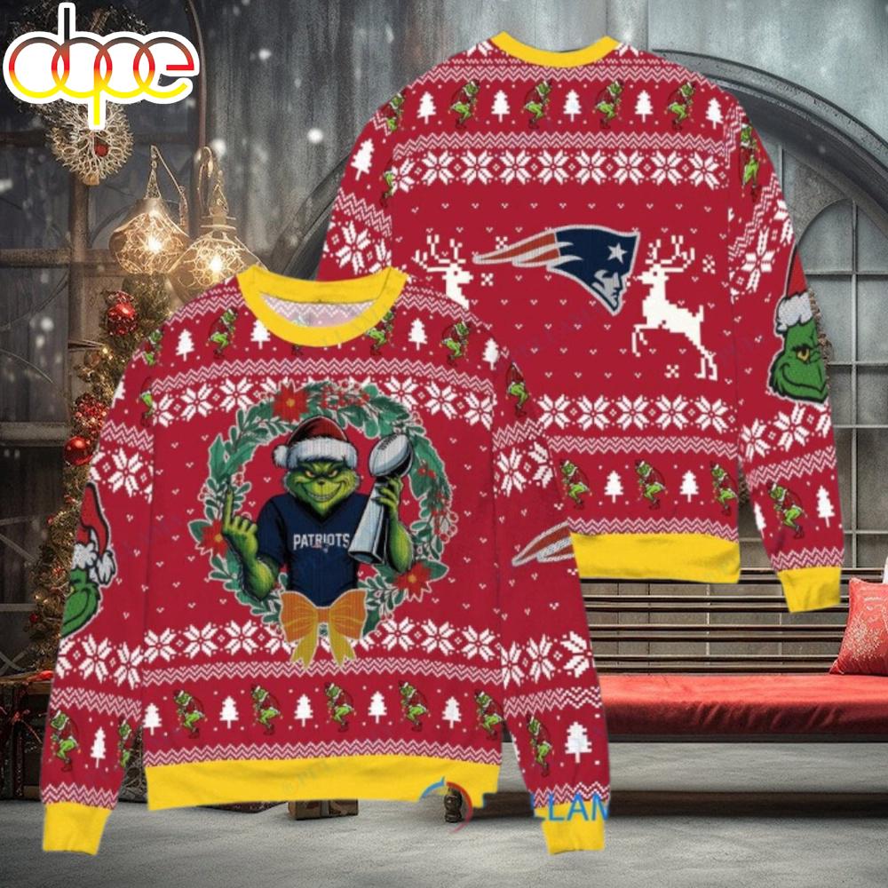 Sportswearmerch New England Patriots NFL x Grinch Super Bowl Trophy Ugly Christmas Sweater For Fan