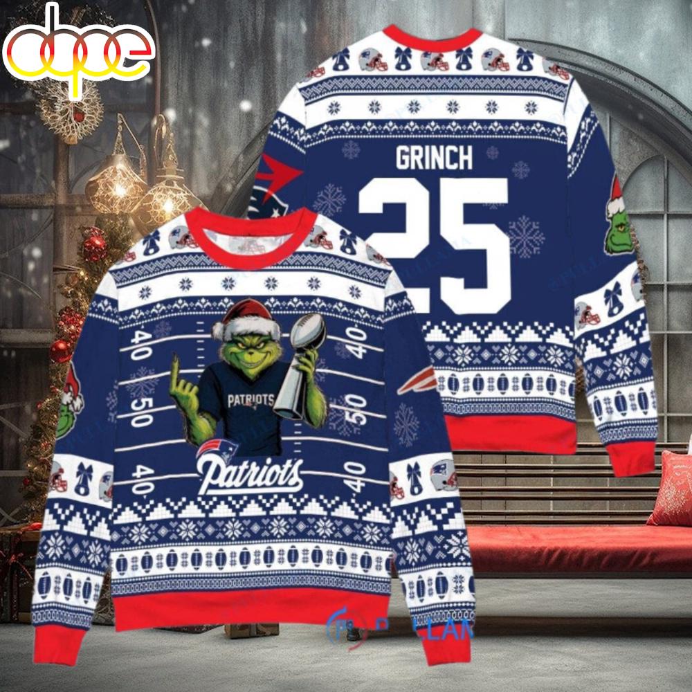 Sportswearmerch New England Patriots NFL x Grinch Super Bowl Trophy Ugly Christmas Sweater For Fan