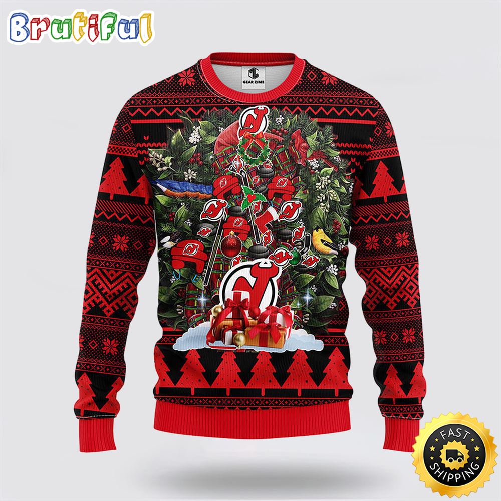 Sportswearmerch New Jersey Devils NHL Tree Ugly Christmas Fleece Sweater For Fan