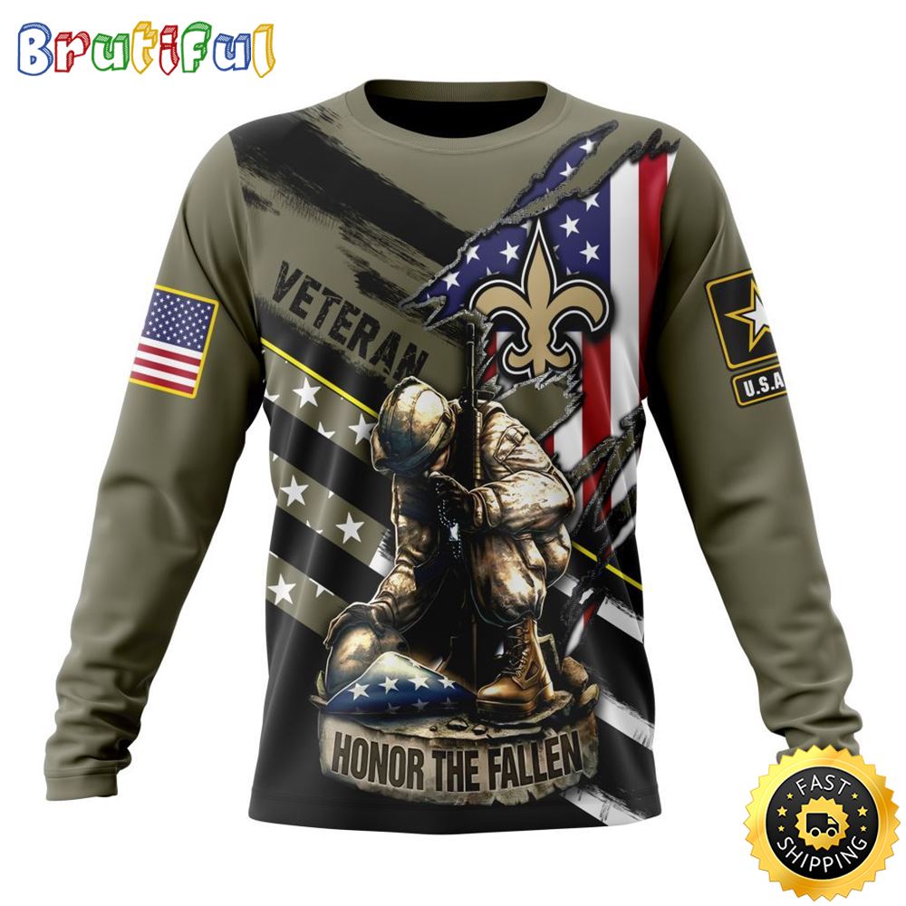 Sportswearmerch New Orleans Saints NFL Crewneck Honor Veterans Kneeling Soldier Personalized Sweater For Fan
