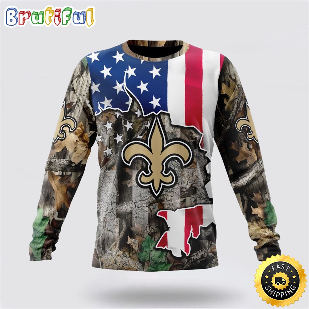 Sportswearmerch New Orleans Saints NFL Crewneck USA Flag Camo Realtree Hunting Personalized Sweater For Fan