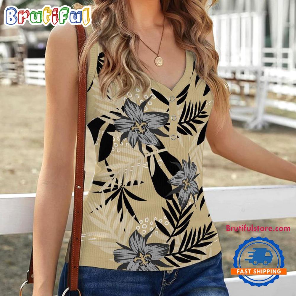 Sportswearmerch New Orleans Saints NFL Hibiscus Pattern Women's V-Neck Ribbed Tank Top For Fan