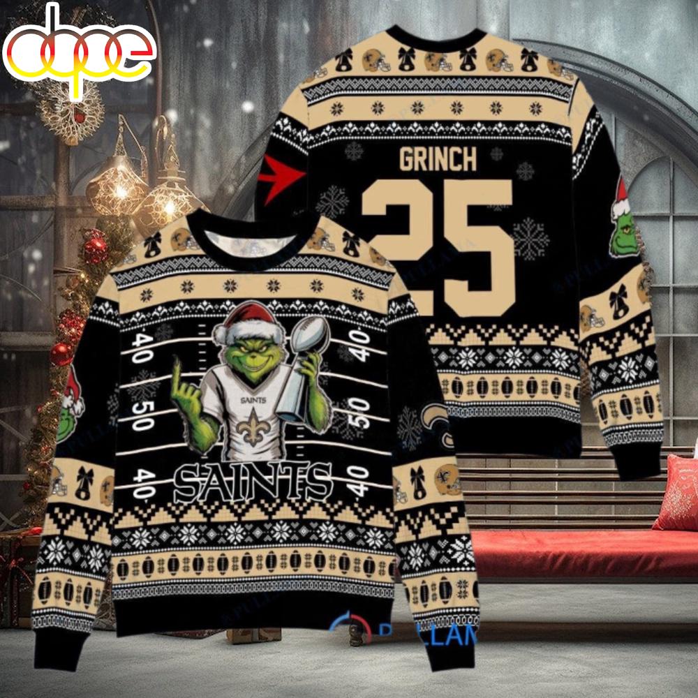 Sportswearmerch New Orleans Saints NFL x Grinch Super Bowl Trophy Ugly Christmas Sweater For Fan