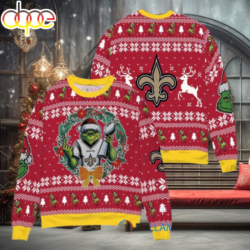 Sportswearmerch New Orleans Saints NFL x Grinch Super Bowl Trophy Ugly Christmas Sweater For Fan